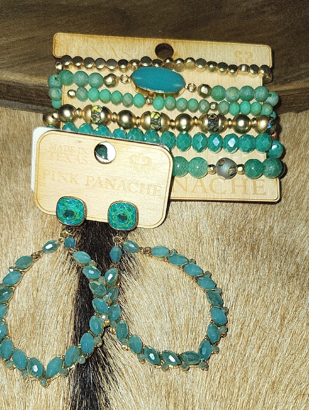Pink Panache Teal & Gold Layered Bracelet Set with Matching Teardrop Earrings